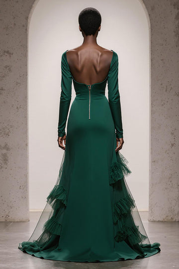 Dark Green Satin Mermaid Evening Dress With Long Sleeves